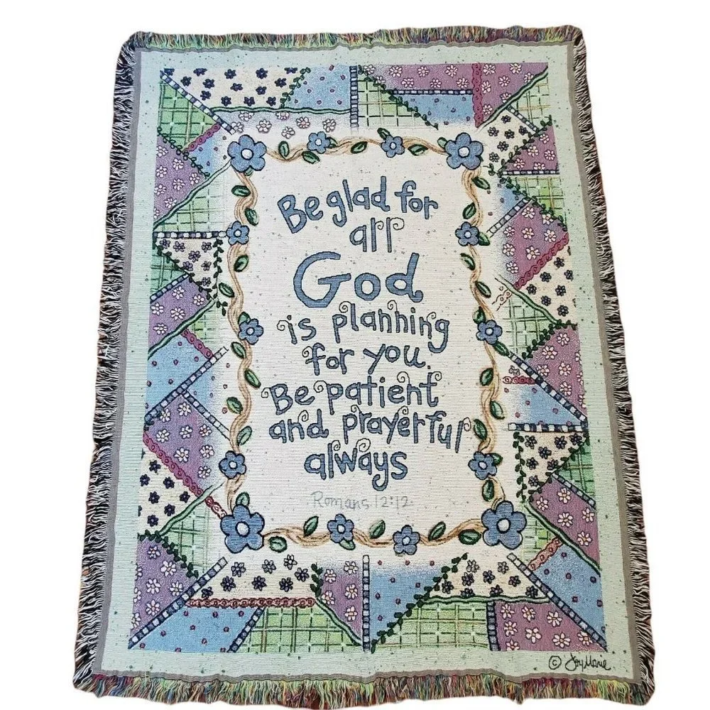 Vintage 90s Religious Christian Bible Scripture Floral Blanket Fringe Joy‎ Marie